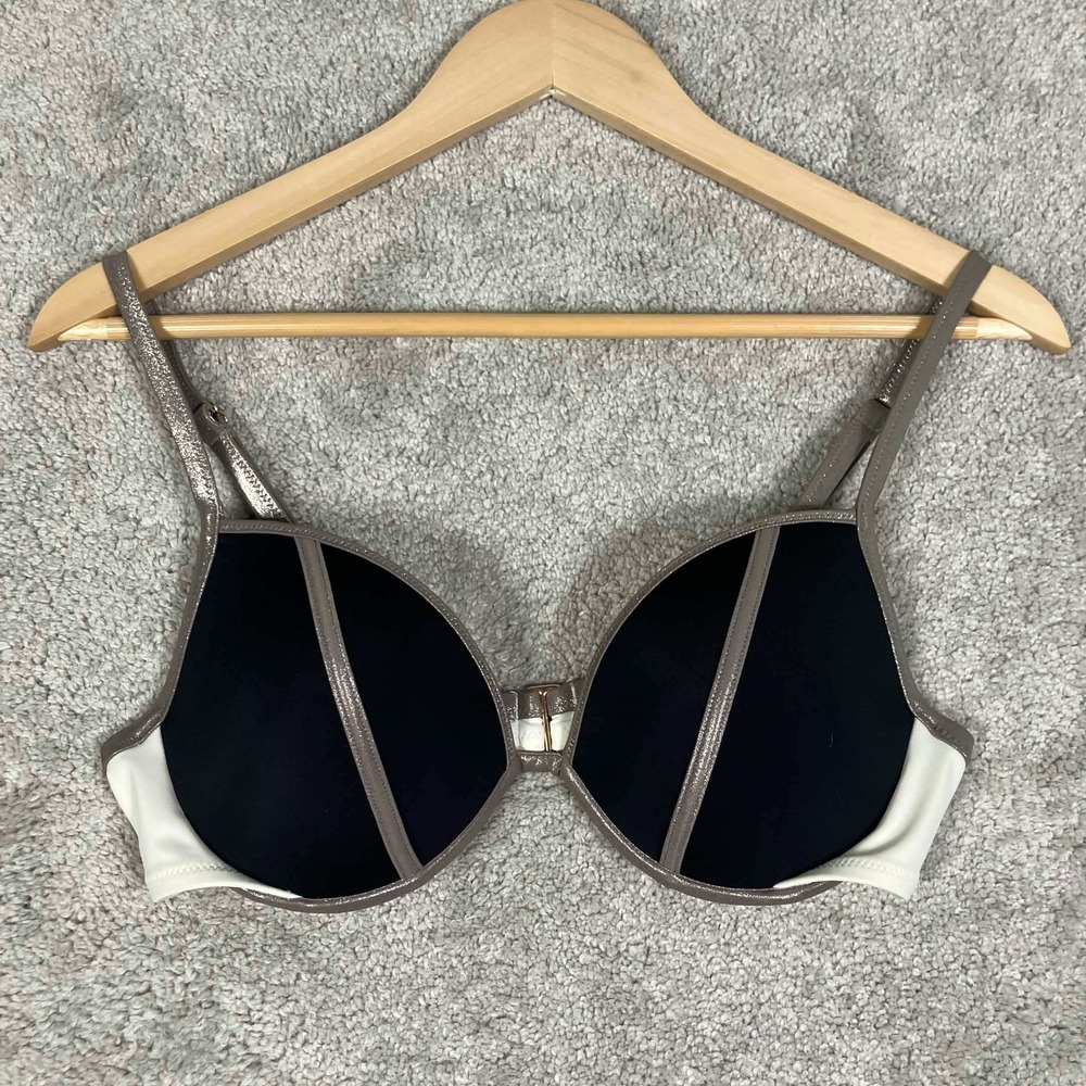 Victoria Secret The Fabulous Push Up Bra 36C Black White Metallic Front Close
